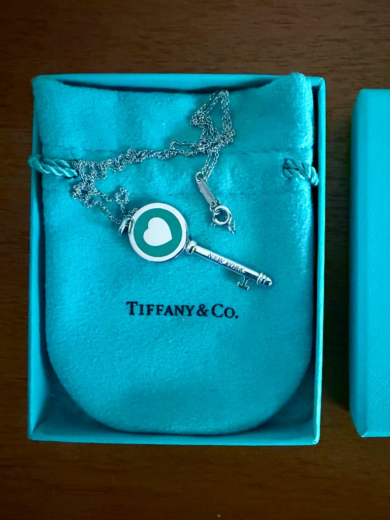 Tiffany & Co Enamel Heart Key Pendant W/ 18" Chain, Sterling Silver/Tiffany Blue